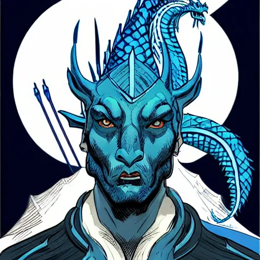 Image similar to head and shoulders portrait of a medieval fantasy anthropomorphic blue dragon - headed - human hybrid with electrcity magic, fantasy, d & d, high details, comic book cover art photo by phil noto and frank miller