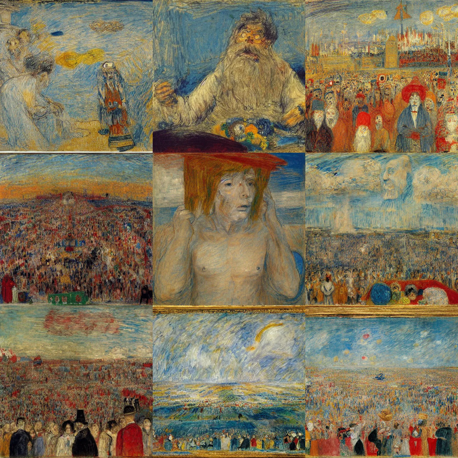 Prompt: o there are no words that should not be repeated, and he who speaks them - is a spendthrift. inexhaustible is the sky blue's spindrift alone, and the mercy of the redeemer, artwork by james ensor