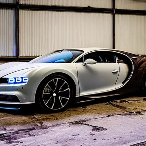 Image similar to an abandoned, derelict, rusty bugatti chiron in a dirty warehouse