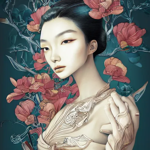 Image similar to the face of an incredibly beautiful, graceful, elegant, and sophisticated young chinese model dressed as a bulb of garlic, an ultrafine detailed illustration by james jean, intricate linework, bright colors, final fantasy, behance contest winner, vanitas, angular, altermodern, unreal engine 5 highly rendered, global illumination, radiant light, detailed and intricate environment