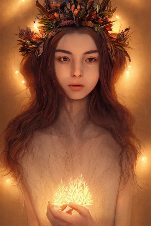 Image similar to queen of the nature, Crown of Wood, glowing lights. youthful attractive, artgerm, portrait, photo realistic by Yaşar VURDEM , ArtStation, muted colors, artstation, character concept art. sz Zak and Taro Okamoto and Gal Barkan, trending on artstation, high quality printing, fine art with subtle redshift rendering
