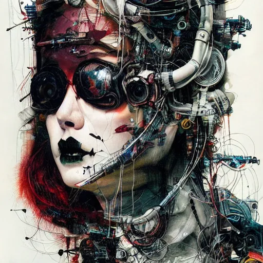 Prompt: rona mitra as a cyberpunk noir detective, skulls, wires cybernetic implants, machine noir grimcore, in the style of adrian ghenie esao andrews jenny saville surrealism dark art by james jean takato yamamoto and by ashley wood