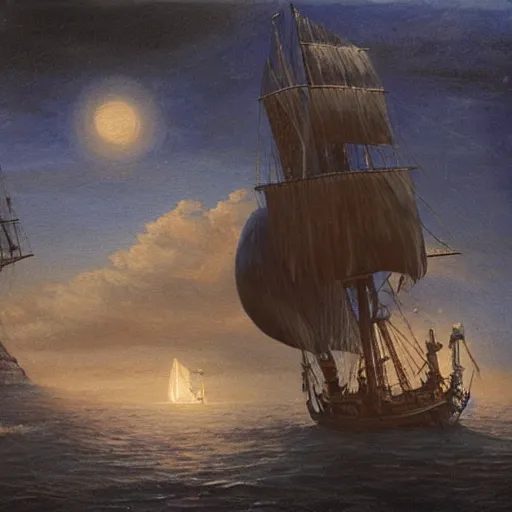 Image similar to an ancient sailing ship off the shore of a beautiful coastline with an omenous biopunk tower with glowing lights rising in the distance, painting by John Berkley