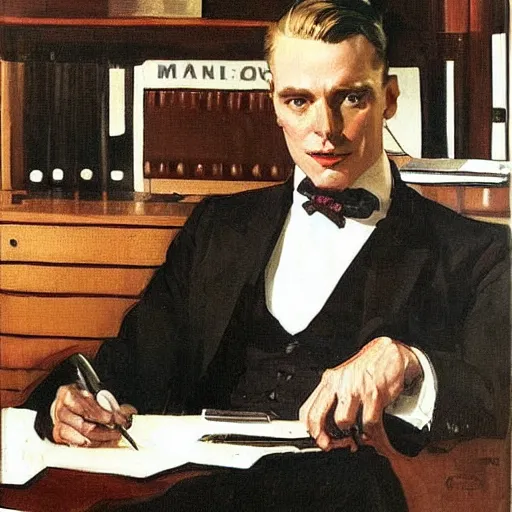 Image similar to man in desk with coffee and black suit by leyendecker and dean cornwell, 8 feet from the camera, 6 0 ´ s bauhaus furniture