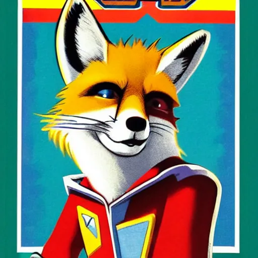 Prompt: 1 9 8 0 s video game art of fox mccloud from starfox in a space cadet uniform, propaganda poster, realistic