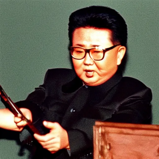 Image similar to filmstill of Kim Jong-il wearing a bandana on his forehead and aiming with a bow in the role of John Rambo, cinemascope, Eastman Color Negative 50T 5251 Neg. Film