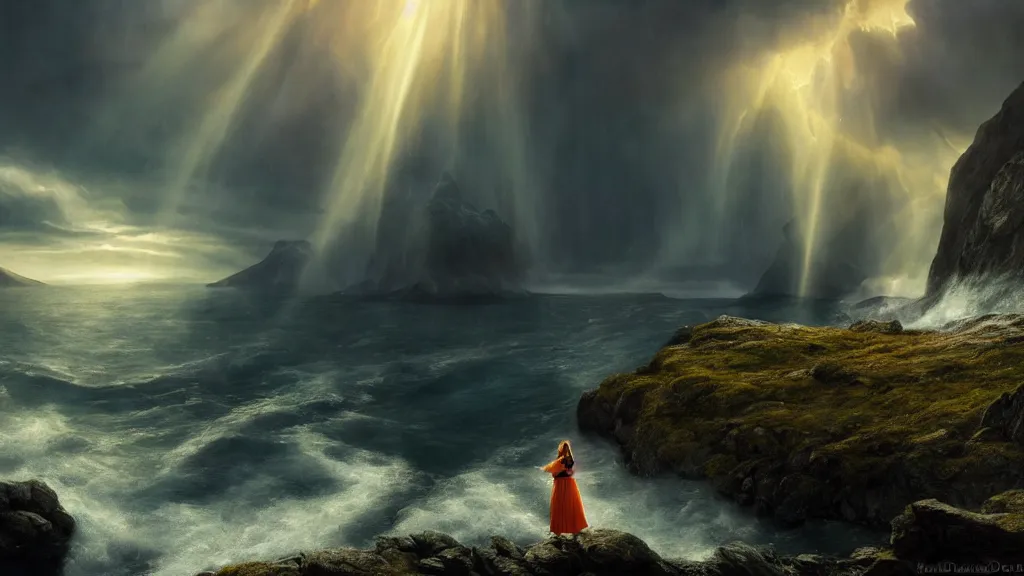 Prompt: wizard, norway fjord, natalie portman, hudson river school, max rive, royal dress, f 1 6, bokeh, gentle, female, snowy, storm clouds, god rays, close up portrait, d & d, fantasy, elegant, teal orange color palette, concept art, roger deakins and greg rutkowski and alphonse mucha