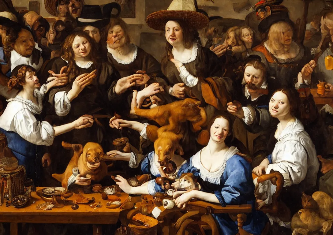 Prompt: Jan Steen. beautiful woman in the center looking at us. 5 people, pig, dog, duck, window. low ceiling, small chamber. Hyperrealistic, ultra detailed, 80mm, museum, artwork.