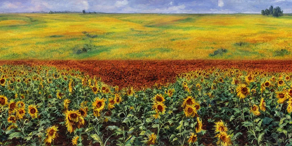 Prompt: an eastern front battlefield landscape, summertime, shell craters, single smoking destroyed tank, sunflower field, digital oil painting