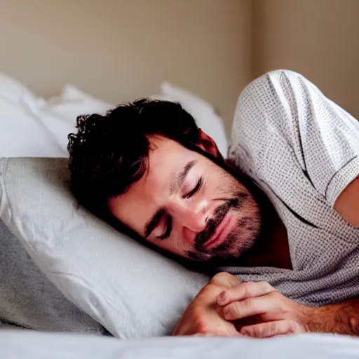 Image similar to man wearing pajamas sleeping in bed happily