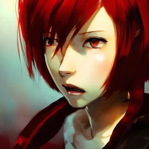 Image similar to anime style portrait of a teen girl with short red hair, dramatic lighting, anime illustration by Greg rutkowski, yoji shinkawa, 4k, digital art, concept art, trending on artstation, アニメ, featured on pixiv