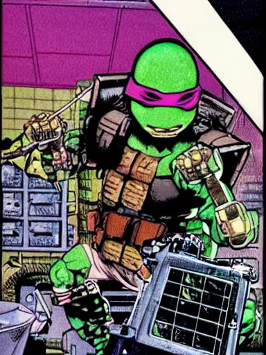 Image similar to full - color illustration by kevin eastman and peter laird from the cover of a 1 9 8 5 tmnt comic book depicting the ninja turtles fighting against the terminator endoskeleton inside the cluttered cyberdyne lab.