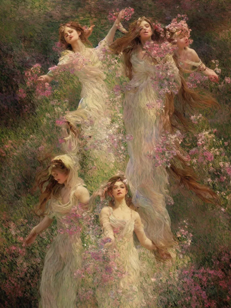 Image similar to illustration studio portrait of three beautiful seraphim female energy in artistic poses dancing in nature, monet painterly motives and textures pattern, hyper detailed, octane render, vivid colors, artstation, by jeremy mann, by alphonse mucha, by monet