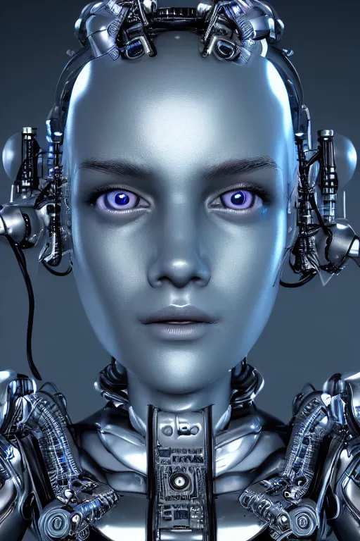 Prompt: close up headshot of a female android, intricately detailed mechanical parts, complicated circuits and wires, beautiful gazing symmetric blues eyes, unreal engine, path tracing, 8k, artstation