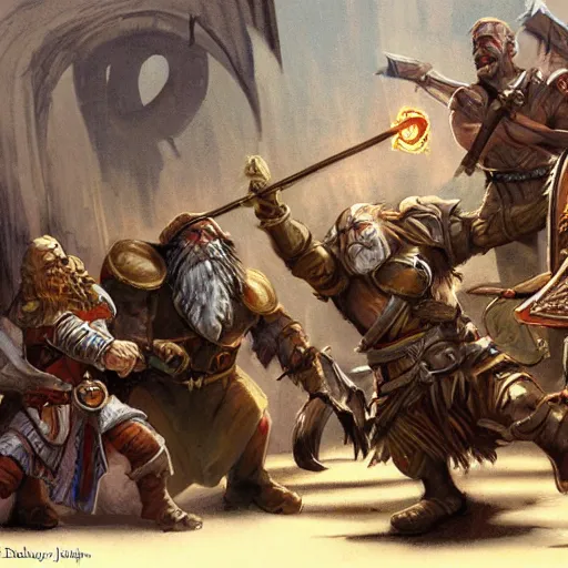 Prompt: DnD dwarves in gladitorial duel. Concept art by james gurney. Dark sun.