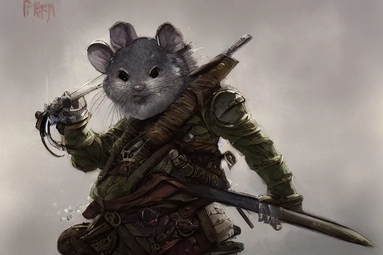 Prompt: dungeons and dragons fantasy painting, portrait of an ashigaru mouse with a rifle, whimsical and cute, determined expression, watery eyes, anime inspired by krenz cushart, light grey fur, tufty whiskers, bamboo forest, dawn lighting, by brian froud jessica rossier and greg rutkowski