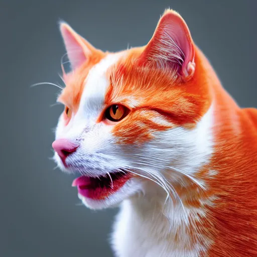 Prompt: an orange cat grinning widely at a white dog. photograph. digital art.