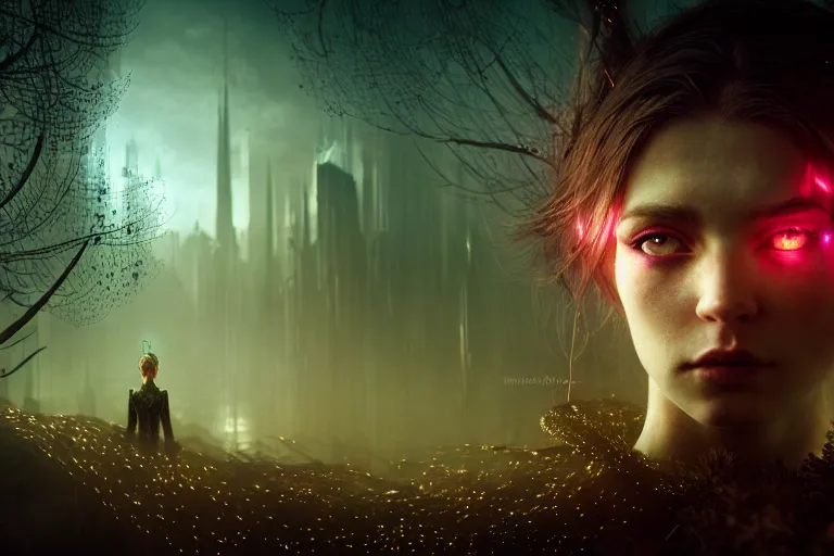 Image similar to an ultra realistic, cinematic, fantasy, headshot portrait, of an elden ring elf, fairy lights, facial features, background of a vast dystopian cityscape, with trees and neon lights, detailed, deep focus, movie still, dramatic lighting, ray tracing, by michal karcz and yoshitaka amano