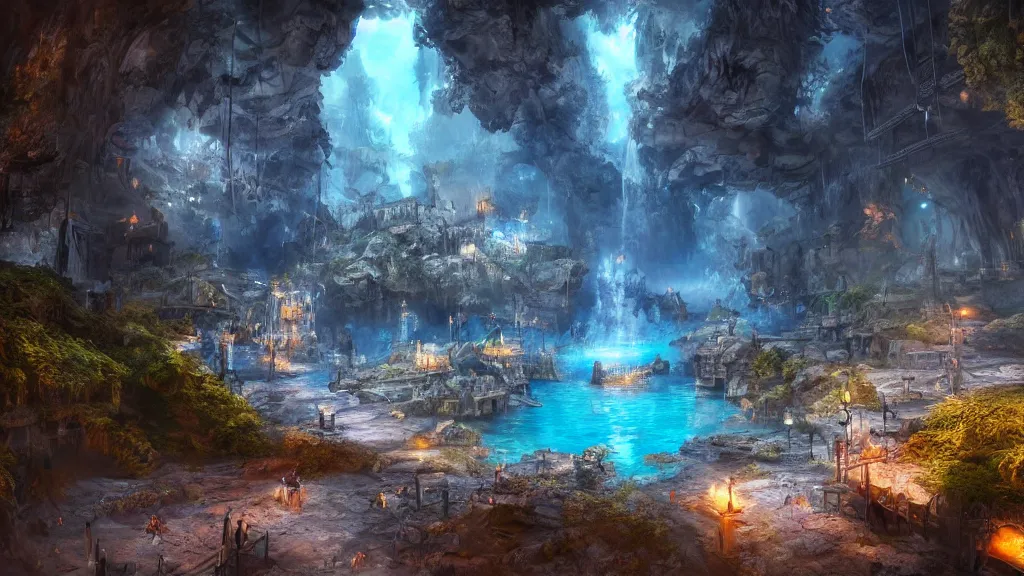 Image similar to underground city, blue lake, fantasy artwork, very very very beautiful scenery, hd, hdr, ue5, ue6, unreal engine 5, cinematic 4k wallpaper, 8k, ultra detailed, high resolution, artstation, award winning