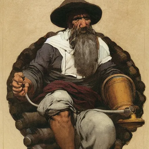 Prompt: within wine cask barrel Portrait Portrait of Diogenes of Sinope the Cynic Sage donning hobo costume whilst brandishing lantern lanthorn whilst laying in an enormous wine barrel theodore gericault winslow homer donato giancola john william waterhouse maxfield parrish mikhail vrubel arkhip kuindzhi astri lohne