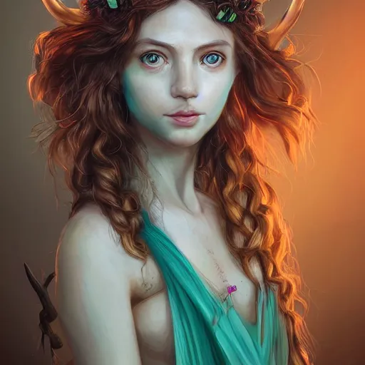 Prompt: A beautiful digital painting of freya allen, teal skin, antlers made from wood on her head and brown curly hair with orange oak leaves, green dress, D&D, fantasy, intricate, beautiful green eyes, cinematic lighting, highly detailed, digital painting, Artstation, concept art, smooth, sharp focus, illustration, art by Artgerm and Greg Rutkowski and Alphonse Mucha
