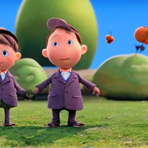 Prompt: men with pikmin heads wearing suits in james and the giant peach