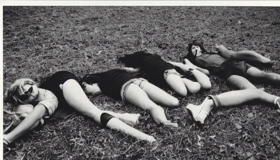 Image similar to A burnt! polaroid photograph of some 70s teenagers lays on the ground