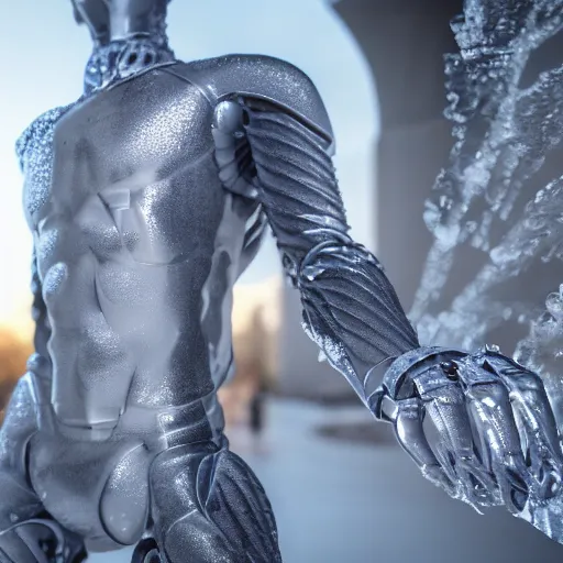 Image similar to made of ice, a realistic detailed photo of a guy who is an attractive humanoid who is half robot and half humanoid, who is a male android, on display, blank stare, showing off his muscles, shiny skin, posing like a statue, by the pool, frozen ice statue, twitch streamer / gamer ludwig, humanoid robot