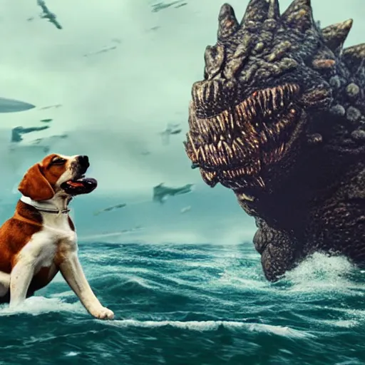 Image similar to masive 1 0 0 meters beagle dog versus godzilla over the sea, epic cinematic, 4 k, very high detail