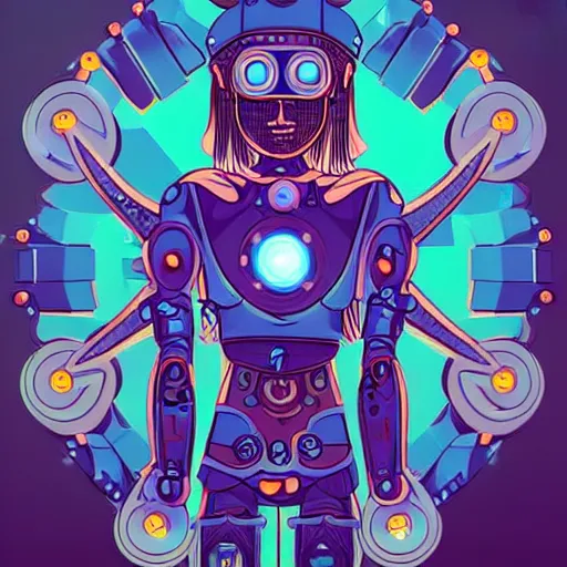 Image similar to portrait of a future metaverse cyborg tech shaman warrior, 2D cartoon, flat cartoony, visionary art, symmetric, Magick symbols, holy halo, shipibo patterns, sci-fi, adventure time character style