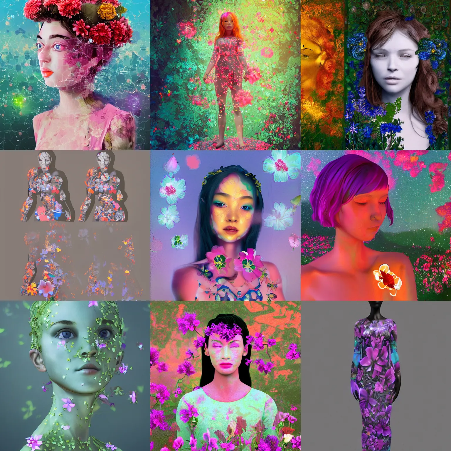 Prompt: ai - generated art, generated by an ai image generator who read this caption. tags : detailed, neural, self - aware, design your own avatar, lady with glowing flowers dress, imperfect beauty, matte painting, trending on artstation
