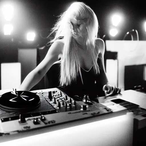 Image similar to A young, blonde-haired woman with soft facial features and blue eyes, 35mm photograph, neon lights in the background, DJing at coachella