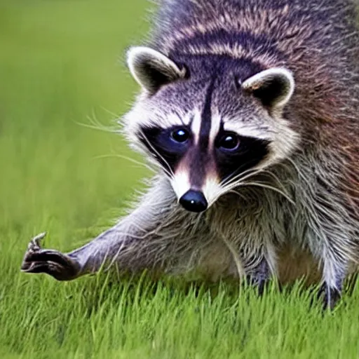 Prompt: a realistic photo of a raccoon dabbing