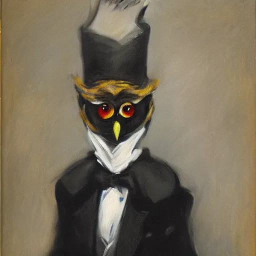 Prompt: painting of evil owl wearing a suit, John Singer Sargent style