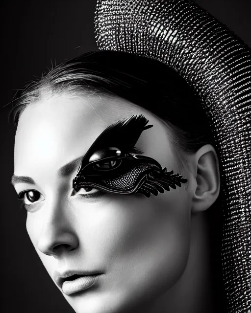 Image similar to a profile portrait, a stunning young woman - cyborg with a mutant crow head, editorial photography, bw, shot on 7 0 mm, depth of field, f / 2. 8, high contrast, 1 6 k, volumetric lighting, shiny, insanely detailed and intricate, hypermaximalist, elegant, ornate, hyper realistic, super detailed