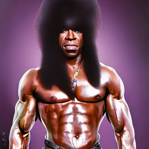 Prompt: Rick james with the physique of a body builder, hyper realistic, ultra detailed, cinematic, dynamic lighting, refined, intricate, digital painting, masterpiece, 8k