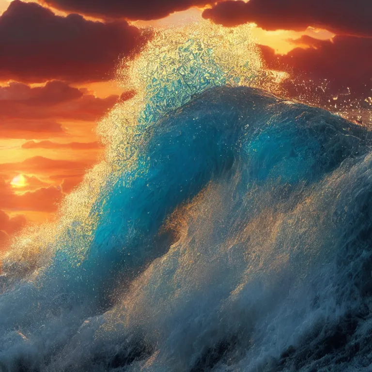 Prompt: a cinematic shot of an epic wave at sunset, by Andy Thomas, Mario Martinez, Daniel Mirante, Gustave Dore, Artstation, CGsociety, masterpiece