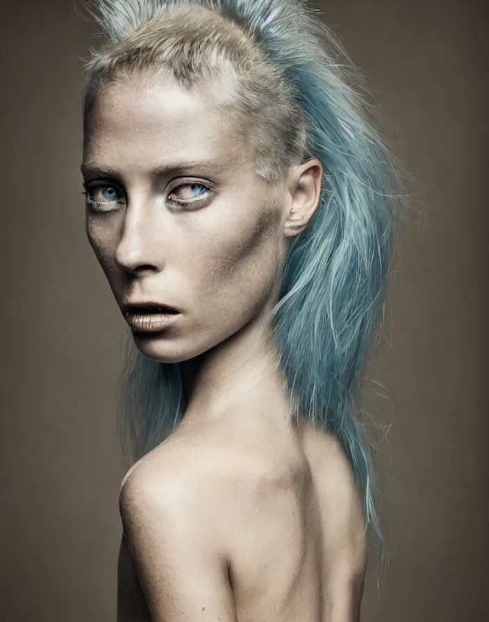 Image similar to a beautiful 8 5 mm f 1. 8 commercial photography portrait of a blue young woman that looks like a combination of doutzen kroes and yolandi visser in an urbex setting, photography by erwin olaf