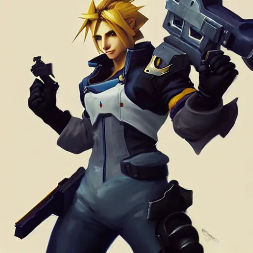 Image similar to Greg Manchess portrait painting o Cloud Strife as Overwatch character, medium shot, asymmetrical, profile picture, Organic Painting, sunny day, Matte Painting, bold shapes, hard edges, street art, trending on artstation, by Huang Guangjian and Gil Elvgren and Sachin Teng