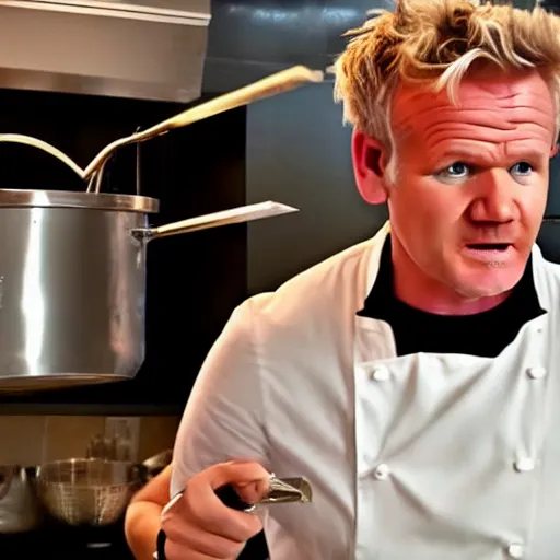 Image similar to hyper real Gordon Ramsey cooking a unicorn in kitchen 4k