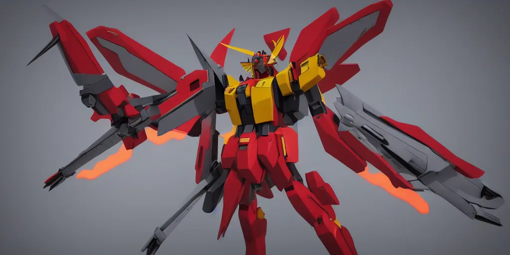 Image similar to 3 d model of a socialist gundam with fire wings, cinematic lighting, dramatic scene, plasma, highly detailed