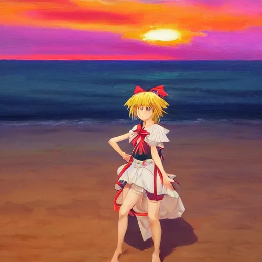 Image similar to Beautiful portrait of Kirisame Marisa at sunset on the beach, touhou project, ZUN, sold at an auction, oil on canvas, official artwork, trending on artstation, in the style of Antoine Blanchard, wide strokes