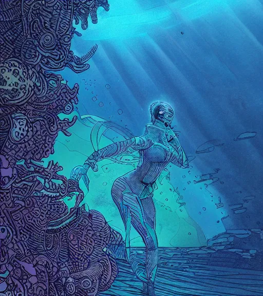 Image similar to a cyberpunk diver Polynesian woman swims through a dark bioluminescent alien coral reef, techwear, Industrial Scifi, detailed illustration, character portrait, by Martin Grip and Moebius