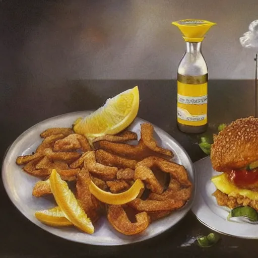 Prompt: 1980s Fast Food commercial photograph of a dish made with lemons, crispy chicken, fried pickles and jalepenos, Lemon sauce dripping over it, in the style of greg rutkowski, symetrical,oryantalist, photo realistic, 8k, epic, ultra detailed, by Gustave Doré, by Marco Turini, by Artgerm, Deviantart in the style of Tom Bagshaw, Cedric Peyravernay, Peter Mohrbacher by William-Adolphe Bouguereau, by frank frazetta, symetrical features, joyful