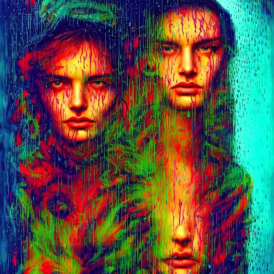 Image similar to bright asthetic portrait of LSD in rain with wet hair and one face, liquid, fantasy, intricate, elegant, dramatic lighting, highly detailed, lifelike, photorealistic, digital painting, artstation, illustration, concept art, smooth, sharp focus, art by John Collier and Albert Aublet and Krenz Cushart and Artem Demura and Alphonse Mucha