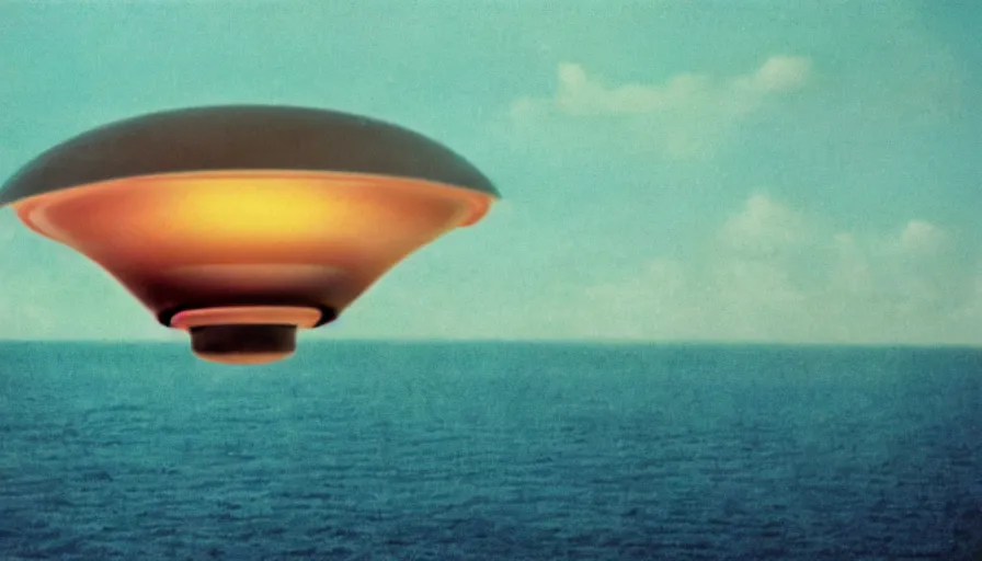 Image similar to 7 0 s film still of a ufo hovering above ocean, highly intricate, highly realistic, kodachrome, cinecolor, cinestill, photorealism, cinematic, film grain, film texture, vhs recording