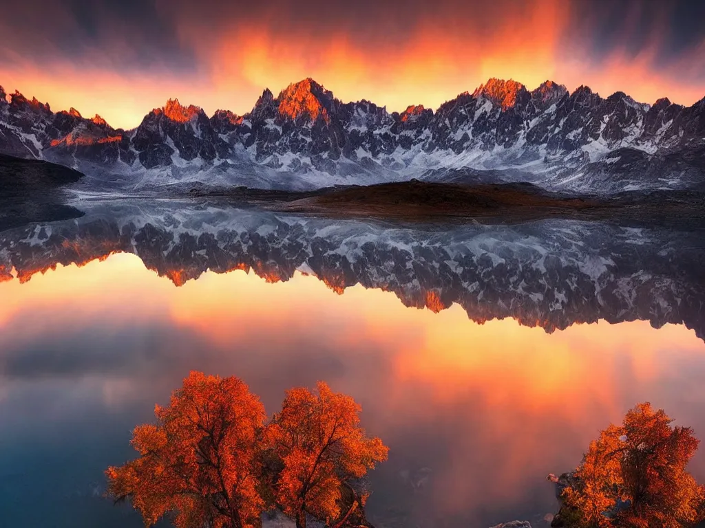 Image similar to amazing landscape photo of mountains with lake in sunset by marc adamus, beautiful dramatic lighting