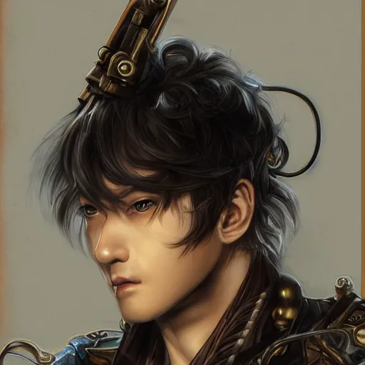 Image similar to portrait of a man by ayami kojima, japanese, he is about 2 0 years old, black short hair with bangs, he is wearing a steampunk tactical gear, highly detailed portrait, digital painting, artstation, concept art, smooth, sharp foccus ilustration, artstation hq