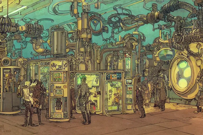 Image similar to front view on steampunk communication room with big vapor tubes and computers, mad scientist working, giant video screens, sci - fi vending machine, big plants, retrofuturism, concept art by mucha and moebius and victo ngai, clean line, diesel punk