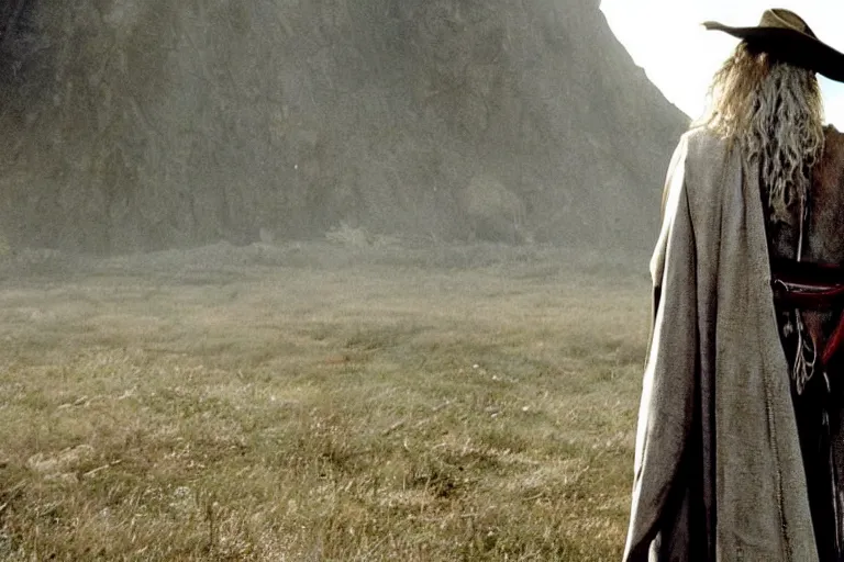 Image similar to Gandalf wearing a cowboy hat, from behind, full body view. Movie still from lord of the rings the fellowship of the ring.